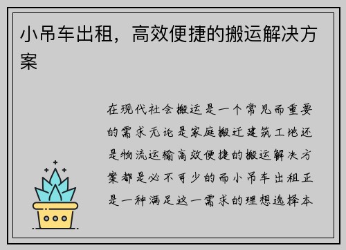 小吊车出租，高效便捷的搬运解决方案