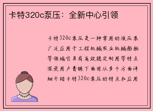 卡特320c泵压：全新中心引领
